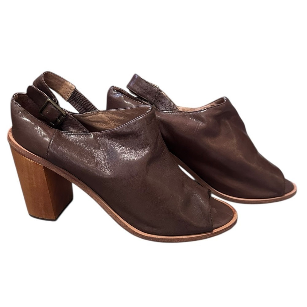 Fiel Elegant Brown Leather Women's Open Toe Block Heel Booties Size 11 EUC